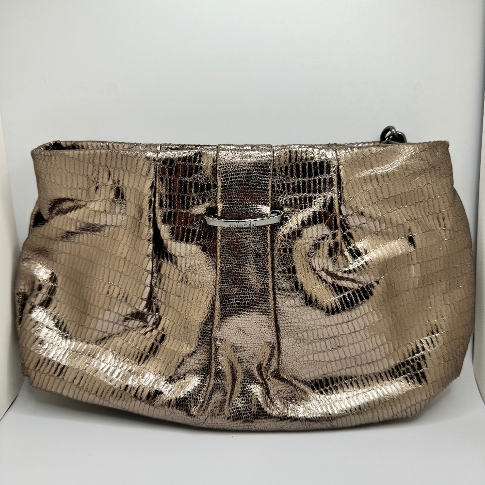 STELLA & DOT Pleated Pewter Bronze Metallic Cutch Bag